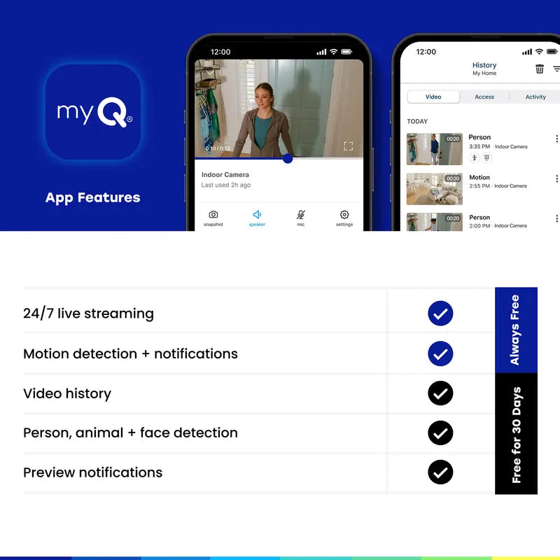 myQ Smart Indoor-Kamera: Nachtsicht & Bewegungserkennung