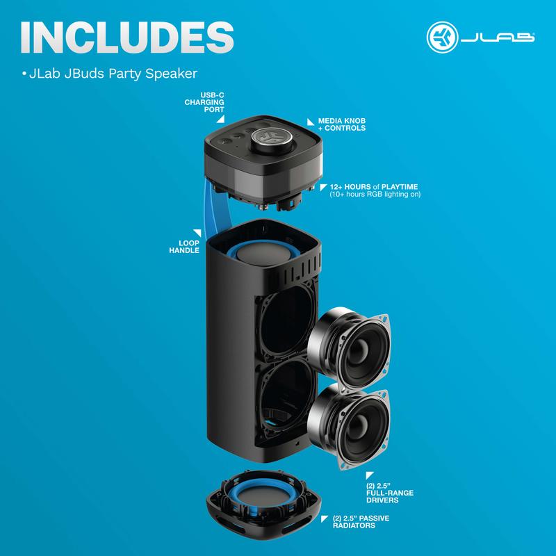JLab JBuds Party Speaker: 30W Power, 12H Playtime, RGB Lighting