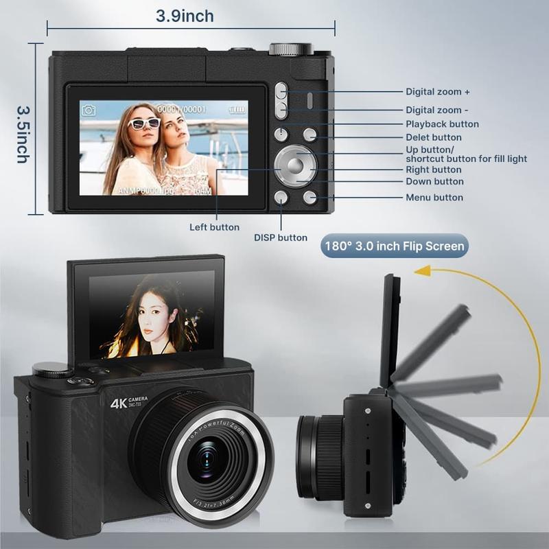 4K Vlogging Camera for Beginners: 64MP, Auto-Focus, 180° Flip Screen