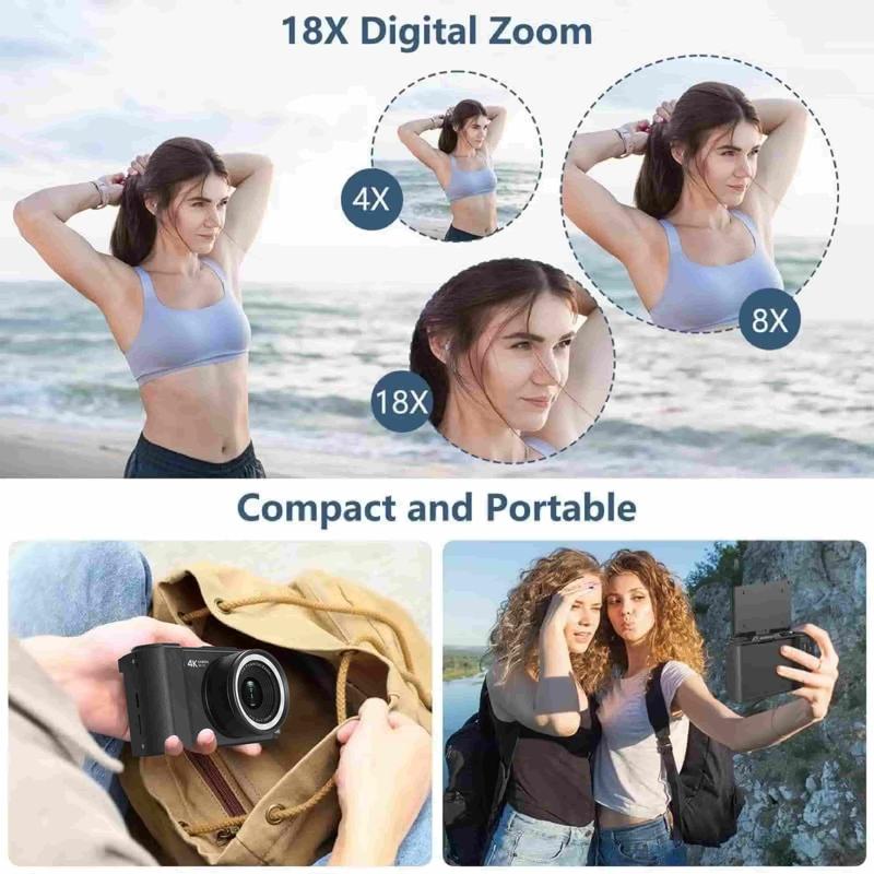 4K Vlogging Camera for Beginners: 64MP, Auto-Focus, 180° Flip Screen